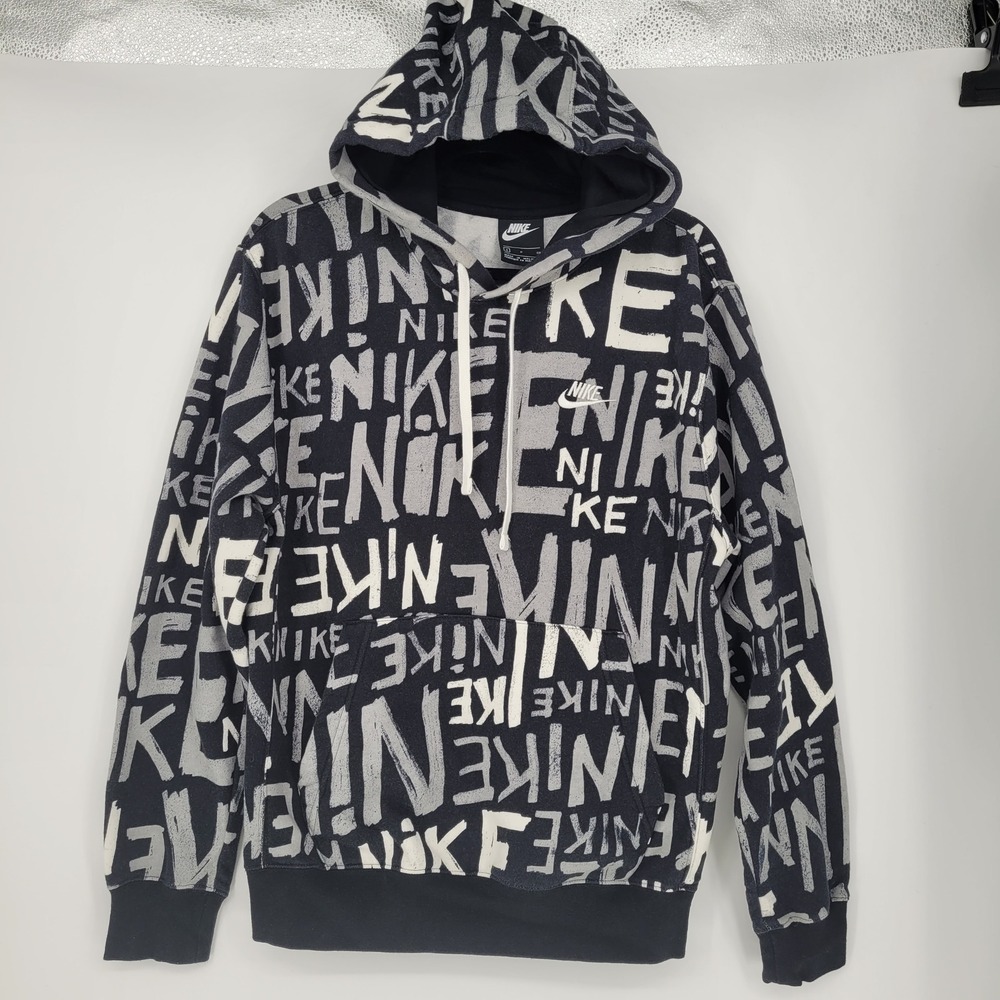 Nike Mens Hoodie Small Black White All Over Logo Print Graffiti Pullover AOP